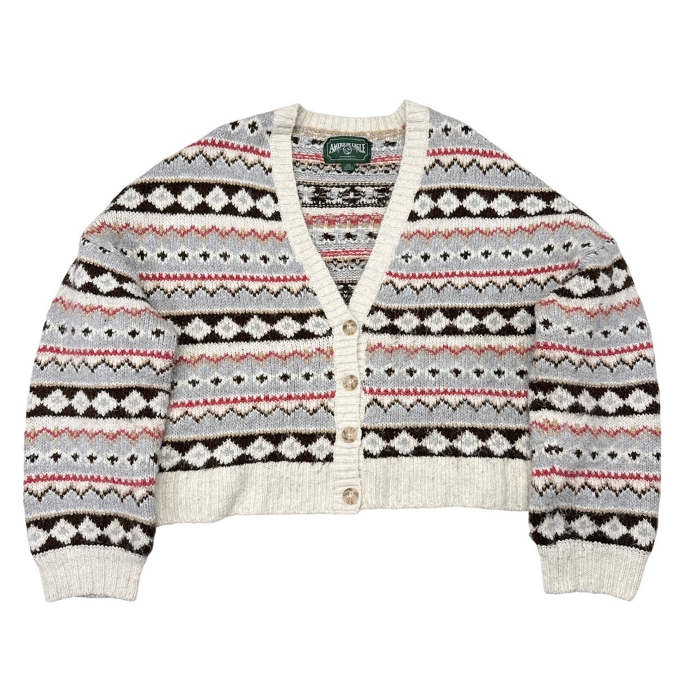 American Eagle Cardigan Sweater Womens‎ Large Oversized V Neck Baggy Fair Isle